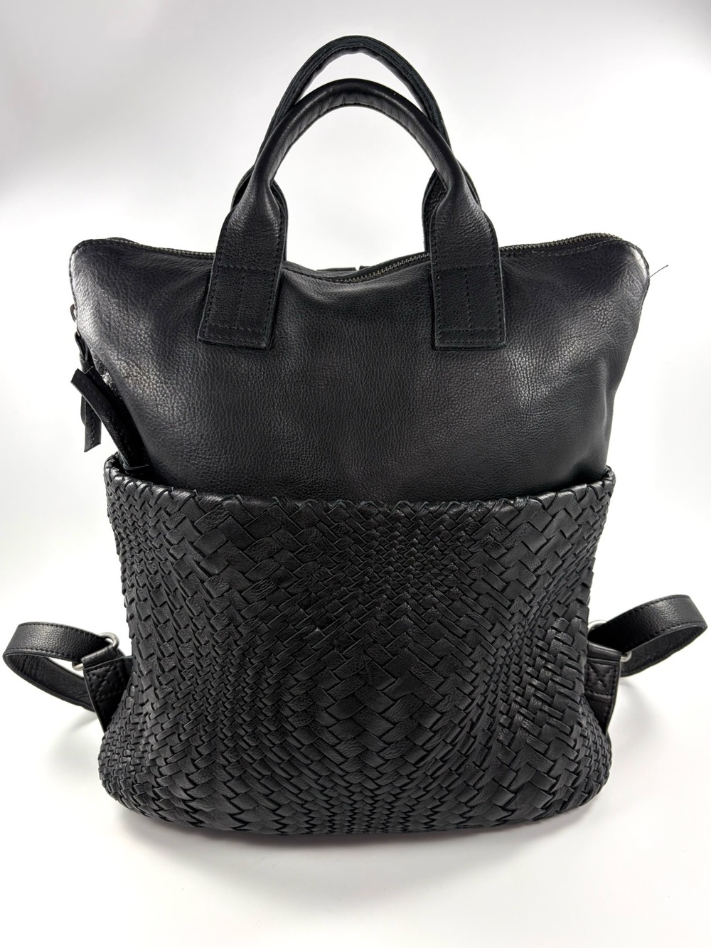 Day & Mood Berry Black Leather Backpack Woven Front Laptop Sleeve EUC